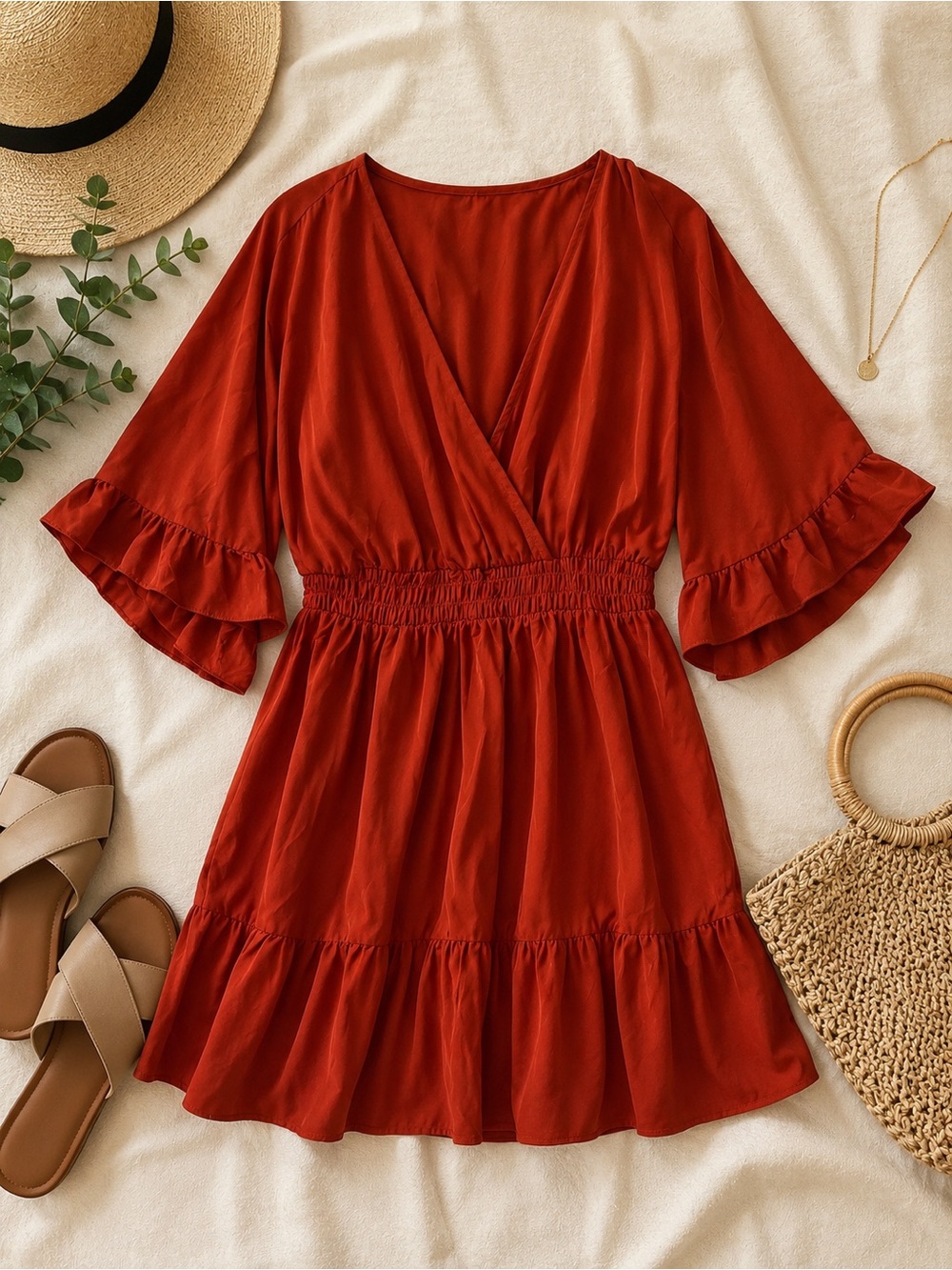 Rust Orange Tiered Ruffle Sleeve Mini Dress Women's Medium Boho Flowy